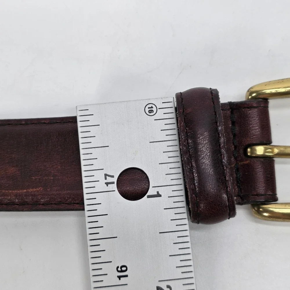 VTG Brown Leather Belt Mens 42 Oil Tanned Cowhide Solid Brass Woven Link 2534-02